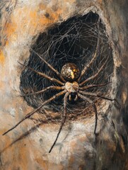 Oil painting depicting a spider in its nest showcasing intricate details of the web and the spider s natural habitat