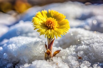 Wall Mural - symmetrical coltsfoot flower growing from snow-covered ground