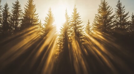 Poster - Sunbeams Through Trees in Forest at Sunrise