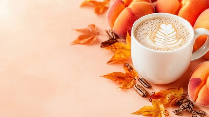 Canvas Print - Autumn Coffee Latte with Peaches and Leaves