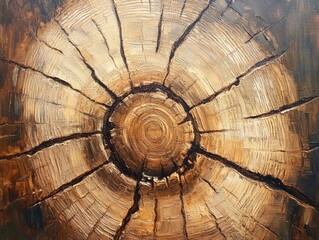 Oil painting depicting annual rings and cracks on aesthetically pleasing sawn timber showcasing the unique characteristics of the wood