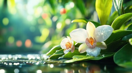 Poster - White Orchid Flower on Water with Green Leaves.