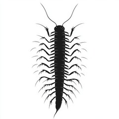 Sticker - A black and white illustration of a centipede with many legs, isolated on a white background.