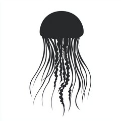 Sticker - A black silhouette of a jellyfish with a bell and tentacles.