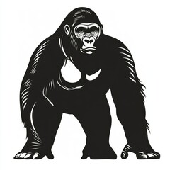 Wall Mural - A black and white illustration of a gorilla standing on all fours, looking directly at the viewer.