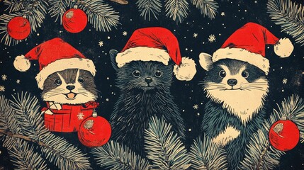 Wall Mural - Cute animals wearing Santa hats surrounded by Christmas tree branches