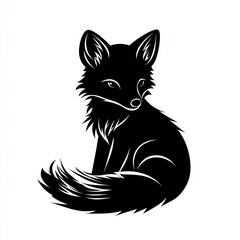 Poster - A black and white silhouette of a fox sitting with its tail behind it.