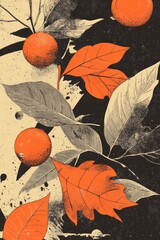 Autumn composition featuring orange leaves mandarin and acorns in a retro style for coloring