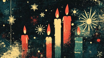 Retro coloring book illustration of a festive scene with candles snowflakes and bokeh effects