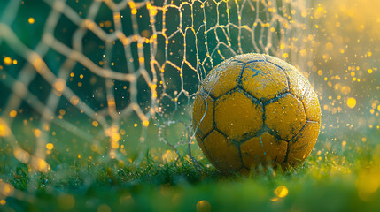 The soccer ball flew into the goal net. Yellow, green background with splashes. Bokeh effect. AI generative