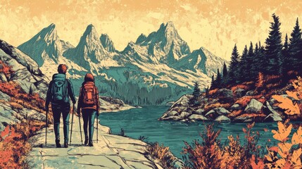 Wall Mural - Retro coloring book illustration of a couple backpackers hiking along a scenic mountain path in autumn