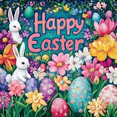 Poster - A cheerful Easter greeting with two white bunnies, colorful eggs, and a vibrant floral background.