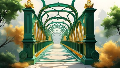 Wall Mural - Elegant green and gold bridge sculpture enhancing architectural beauty in artful illustration poster backdrop