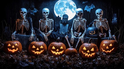 Skeletons and Jack o  Lanterns on Halloween Night