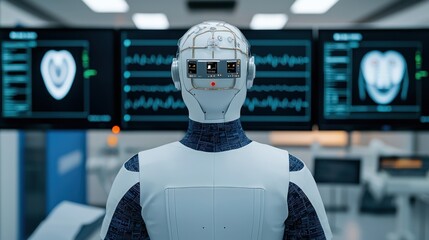 Fototapete - AI Robot in Medical Lab with Monitors.