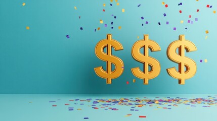 Wall Mural - Golden Dollar Signs with Confetti on Blue Background.