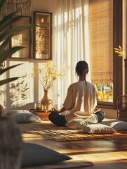 Aufkleber - A serene person engages in mindful meditation in a luminous space adorned with gentle cushions and soothing elements.