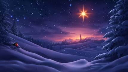 Wall Mural - A bright star shines over a snowy landscape, with a village in the distance and fir trees on either side.