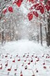 © Charoen - Snowy winter scene with red leaves and music notes.
