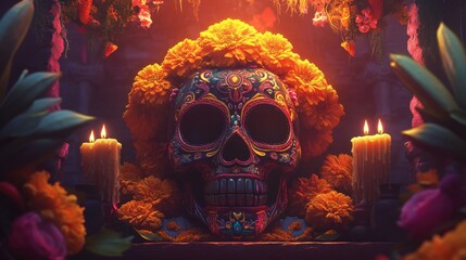 Poster - Festive Dia de los Muertos Skull with Floral Patterns and Candles on Neutral Background for Branding Space