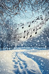 Snowy winter forest path with musical notes falling from the sky.