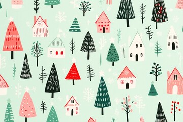 risograph printing illustrator a seamless pattern with cute Christmas trees for festive packaging design