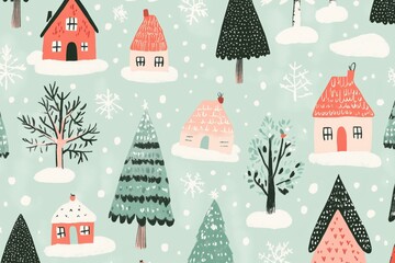 risograph printing illustrator a seamless pattern with cute Christmas trees for festive packaging design