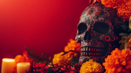 Poster - Celebratory Dia de los Muertos Skull with Floral Designs and Marigold Frame on Red Background