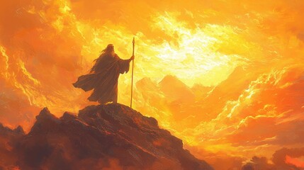 Man with Staff Standing on Mountaintop with Dramatic Orange Sky