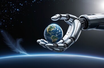 Wall Mural - A metallic robotic hand cradles a small, glowing Earth against a black space backdrop, with stars and a soft blue aura, symbolizing a new beginning. Made with generative AI technology