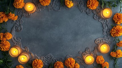 Poster - Vibrant Marigold and Candle Circle Frame with Lace for Dia de los Muertos Celebration