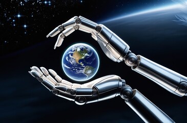 Wall Mural - A metallic robotic hand cradles a small, glowing Earth against a black space backdrop, with stars and a soft blue aura, symbolizing a new beginning. Made with generative AI technology