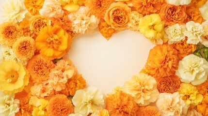 Wall Mural - Dia de los Muertos Tribute: Heart-Shaped Marigold Frame on Cream Background