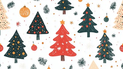 Wall Mural - risograph printing illustrator a seamless pattern with cute Christmas trees for festive packaging design