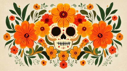 Canvas Print - Vibrant Marigold Floral Frame with Dia de los Muertos Vibe on Beige Background