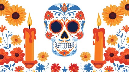 Canvas Print - Vibrant Dia de los Muertos Sugar Skull with Floral Patterns and Marigold Frame