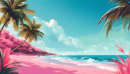 Vibrant Digital Illustration of a Pink Beach and Serene Seascape