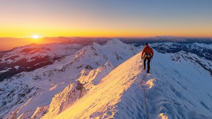 Poster - Climber on Mountain Peak at Sunset with Snowy Landscape