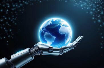 Wall Mural - A robotic hand gently cradling a glowing blue Earth, set against a vast, dark background of stars and space. Made with generative AI technology