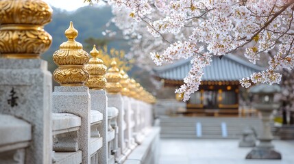 Canvas Print - Golden Finials and Cherry Blossoms at a Traditional Temple