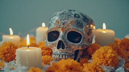 Sticker - Festive Dia de los Muertos Skull with Floral Patterns and Marigold Border