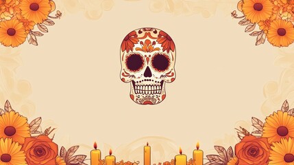 Sticker - Intricately Decorated Skull Surrounded by Marigolds and Candles in Traditional Mexican Style for Dia de los Muertos Celebration