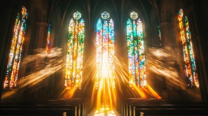 Wall Mural - Stained Glass Church Interior with Light Rays