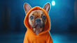 © Oranuch - A cute dog wearing an orange hoodie, posing confidently in a modern setting with a soft blue background.