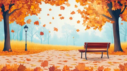 Wall Mural - Autumn park with bench and maple leaves