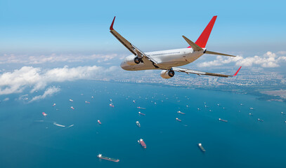 Sticker - Airplane taking off from airport - Passenger airplane is flying over amazing mountains and sea - Commercial Tankers and container ships wait in the Straits of Singapore Changi Airport