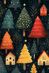 Wall Mural - risograph printing illustrator a seamless pattern with cute Christmas trees for festive packaging design