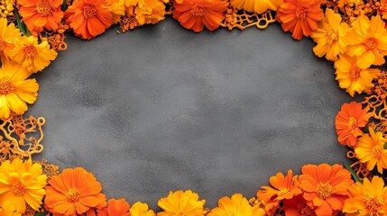 Canvas Print - Marigold Floral Frame in Dia de los Muertos Style on Gray Background with Copy Space