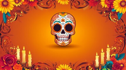 Wall Mural - Festive Dia de los Muertos Sugar Skull with Marigolds and Candles Surrounded by Mexican Patterns on Bright Orange Background