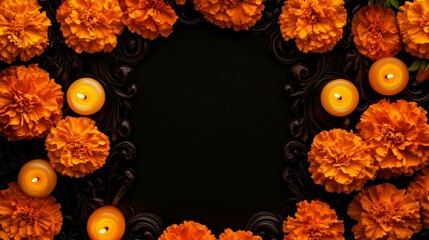 Poster - Vibrant Marigold and Candle Frame for Dia de los Muertos Celebrations